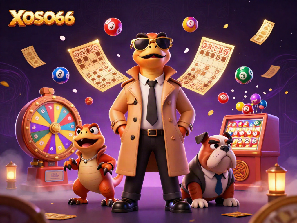 Experience the excitement of XOSO66 with playful raptors and casino elements in a vibrant 3D scene.