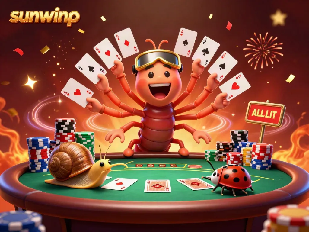 Experience the thrill with sunwinp's lively casino scene featuring a millipede dealer and unique characters.