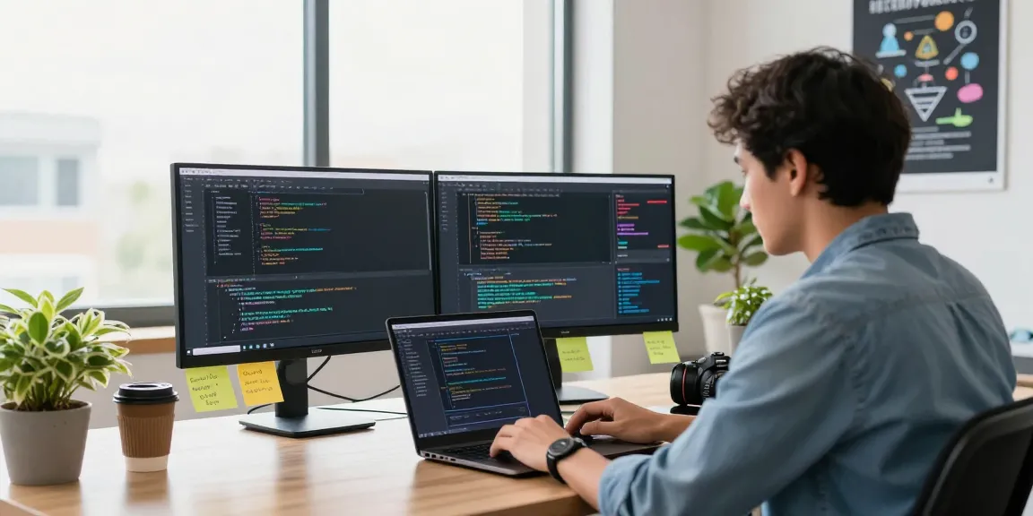 Build internal tools with AI in a vibrant software development workspace, featuring coding screens and innovative elements.