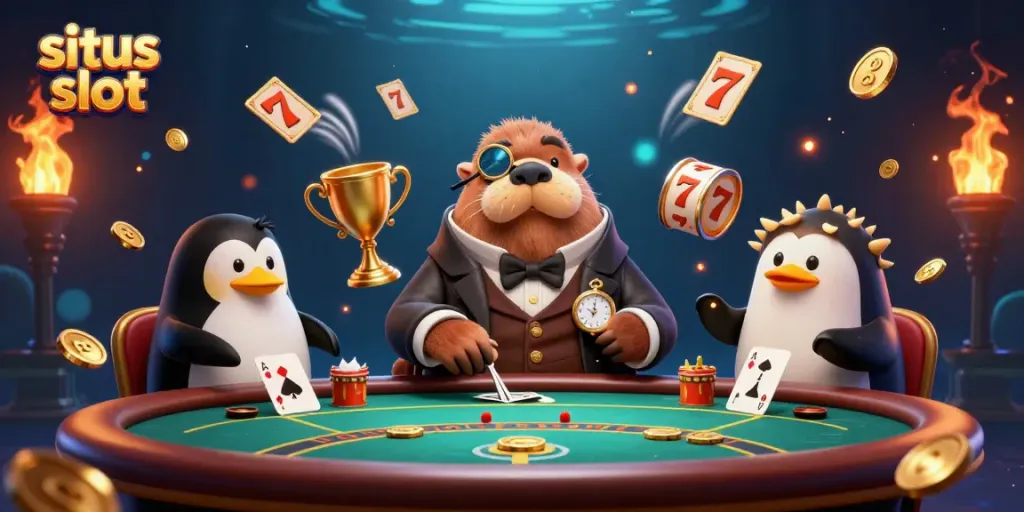 Experience excitement at situs slot with a jolly walrus and lively poker scene.