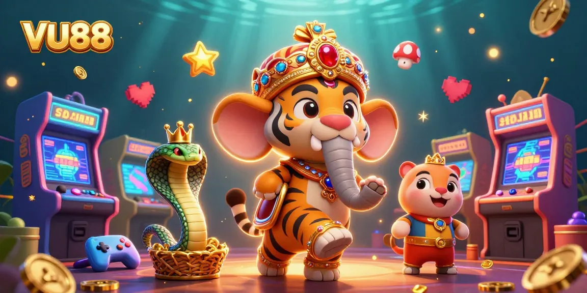 Experience VU88 in an energetic scene with a maharaja tiger and vibrant casino elements.