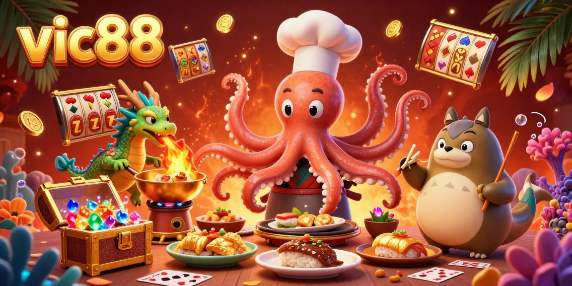 Experience the excitement of vic88 with a vibrant 3D scene of an octopus chef preparing golden slot game dishes.