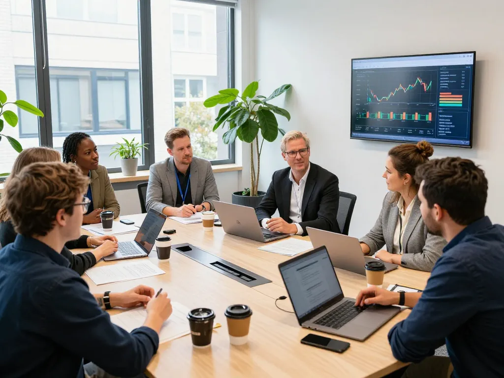 Team dat samenwerkt aan bedrijfsstrategieën voor bedrijven in Utrecht in een modern kantoor.