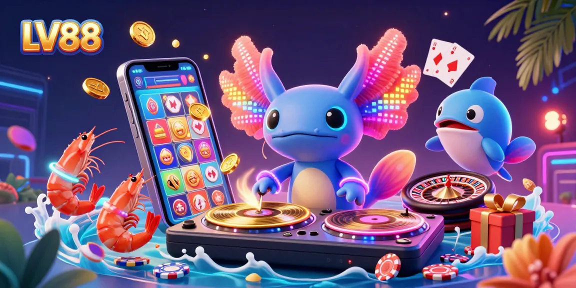 Experience the vibrant LV88 casino scene with a neon axolotl DJ spinning exciting slot games.