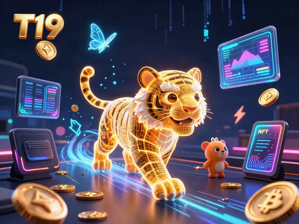 T19 transforms the digital casino landscape with a neon-wireframe golden tiger and crypto symbols.
