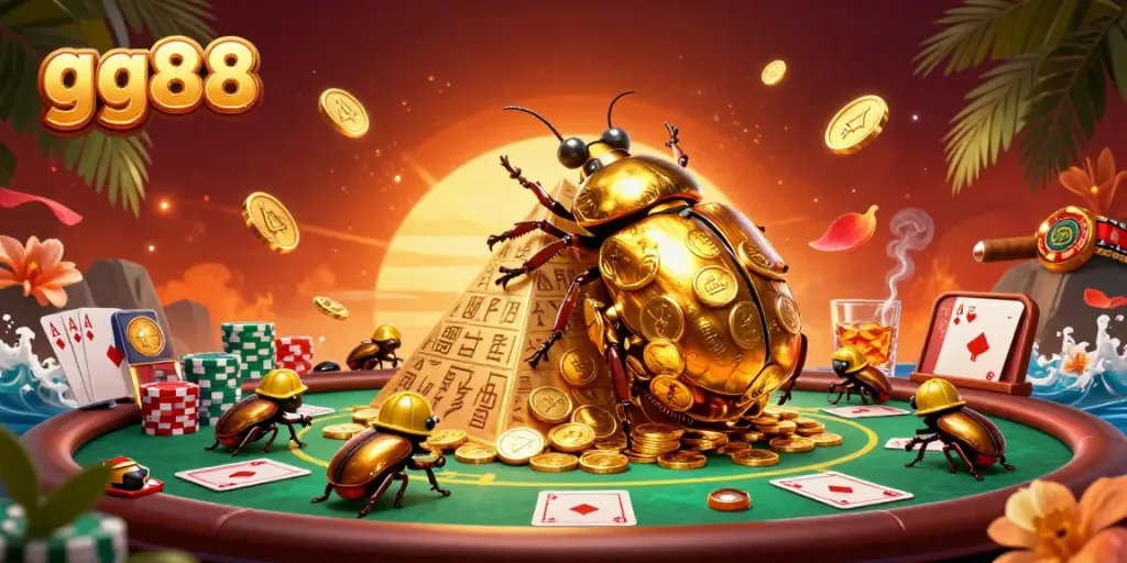 Engage with gg88 as a golden dung beetle rolls a wealth of coins in a vibrant casino scene.