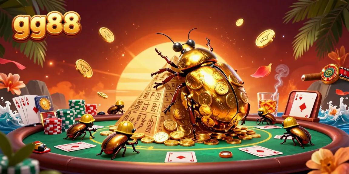 Engage with gg88 as a golden dung beetle rolls a wealth of coins in a vibrant casino scene.