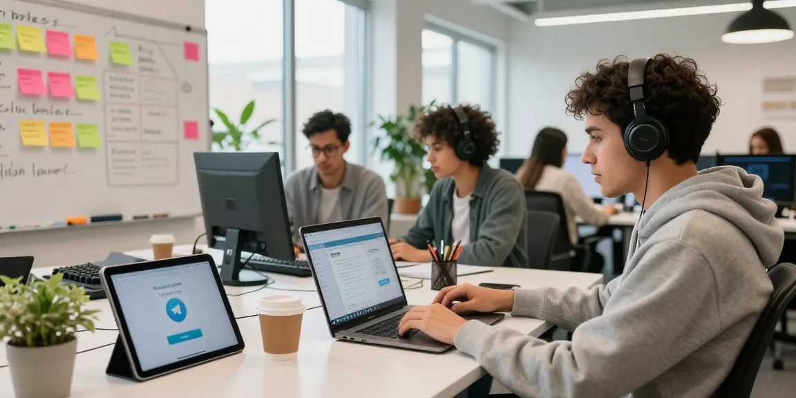 Download Telegram on a laptop at a vibrant coworking space with collaborative teams.