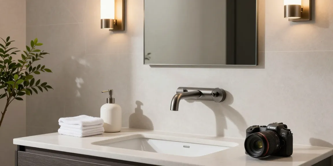 Een stijlvolle gunmetal kraan in een moderne badkamer met warme verlichting en elegante details.