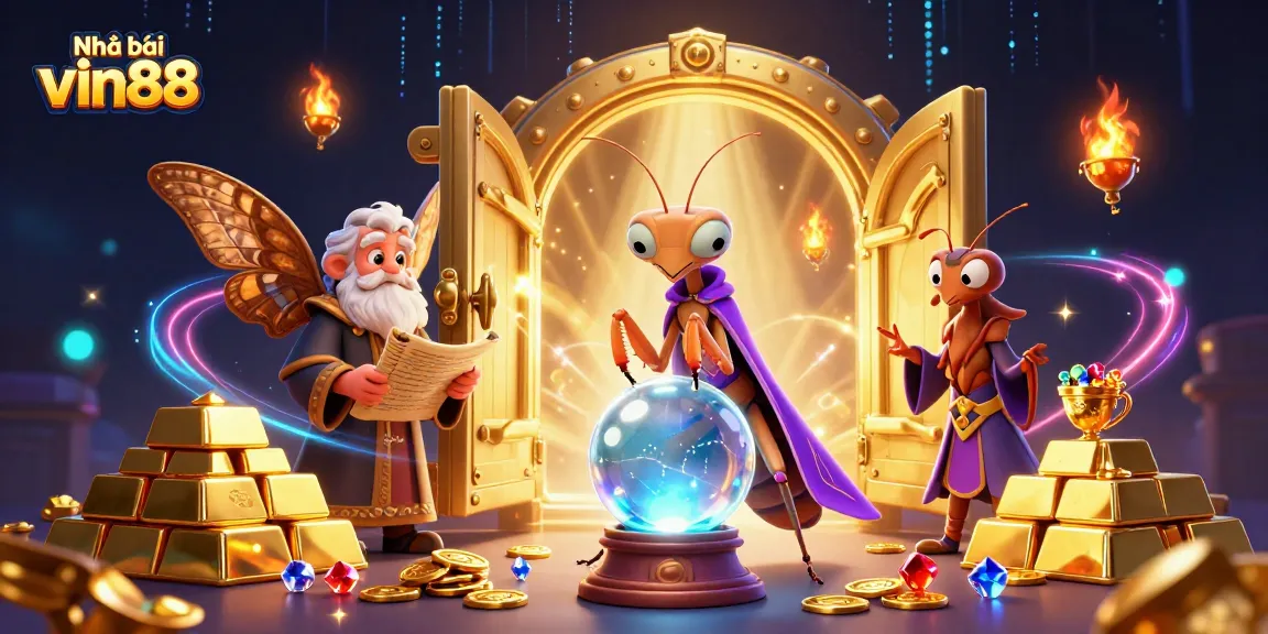 Engage in gaming excitement with Nhà cái vin88's vibrant casino scene, featuring fortune tellers and treasures.