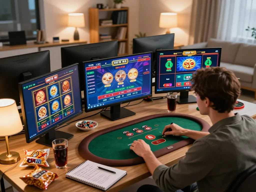 Player enjoying winwin gaming experience at home on multiple screens with snacks and strategies.
