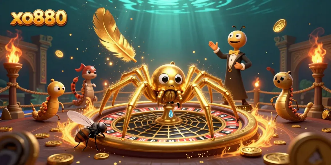 Experience thrilling bets at xo880's roulette wheel amidst golden spiders and a vibrant casino scene.