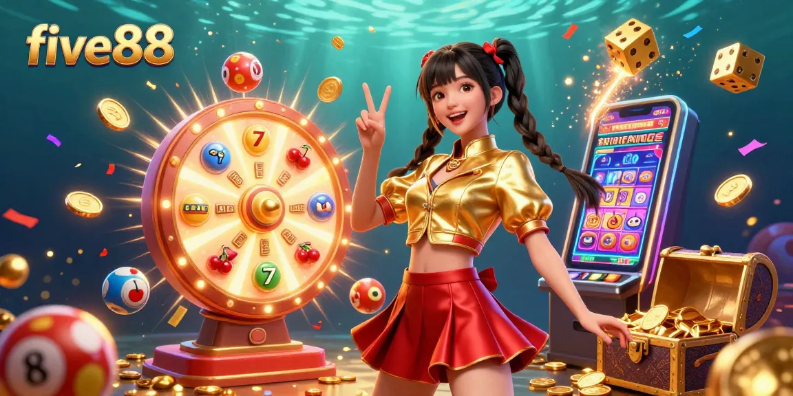 Experience the vibrant casino energy with five88's dynamic slot machine and festive illustrations.