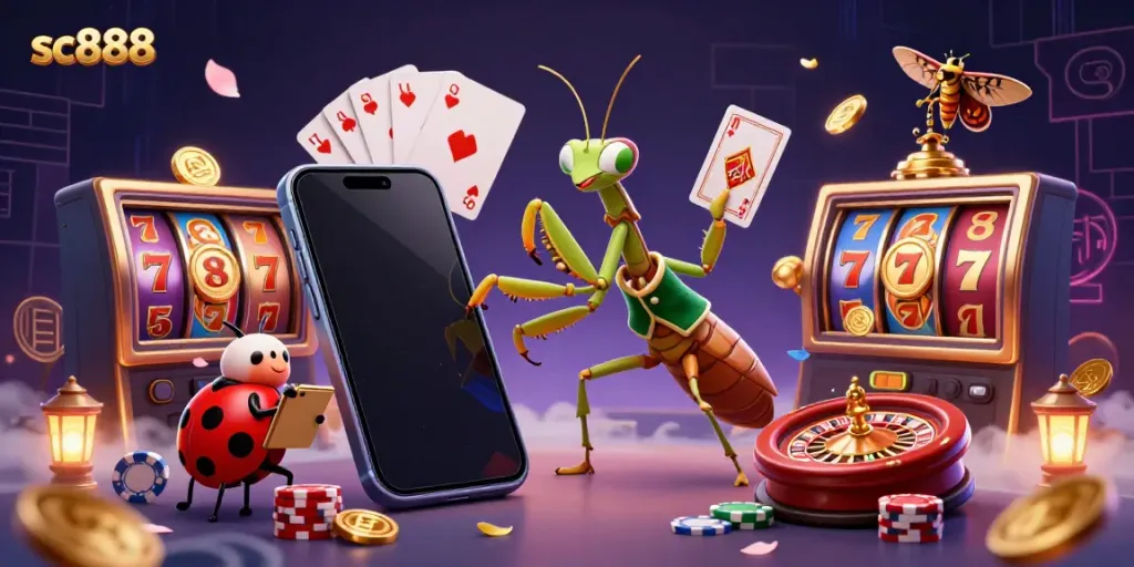 Join the fun at sc888 with a vibrant 3D casino scene showcasing a praying mantis card sharp and lively game elements.
