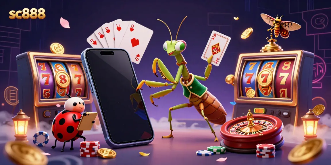 Join the fun at sc888 with a vibrant 3D casino scene showcasing a praying mantis card sharp and lively game elements.