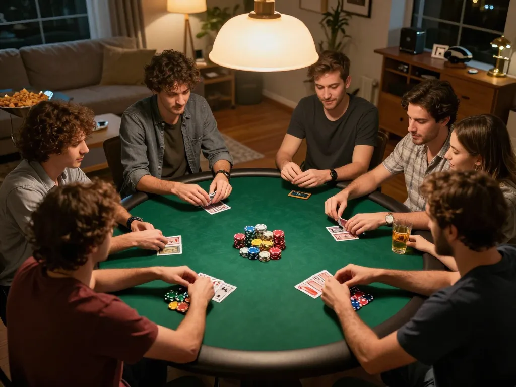 Players enjoying poker night with CO88 strategies in a warm home setting, snacks and drinks visible.