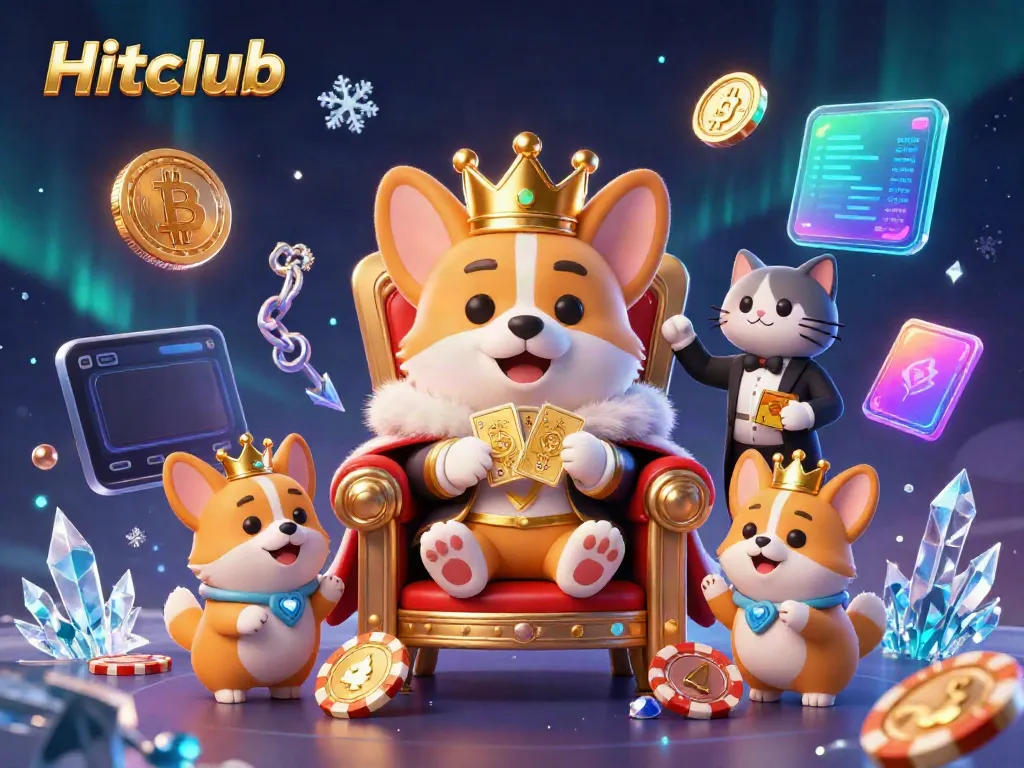 Hitclub's royal corgi commands a poker chip throne amidst Bitcoin and Ethereum riches.
