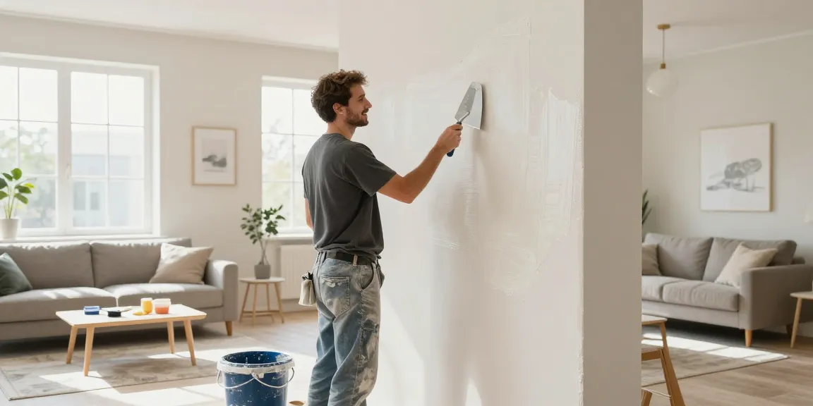 Professionele stucwerk toepassing in een lichte woonkamer door een ervaren stukadoor.