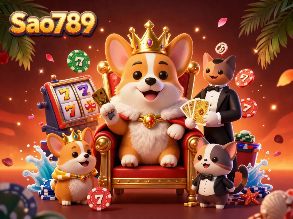 Sao789 showcases a joyful royal corgi on a poker chip throne with a cat butler, embodying a vibrant casino spirit.