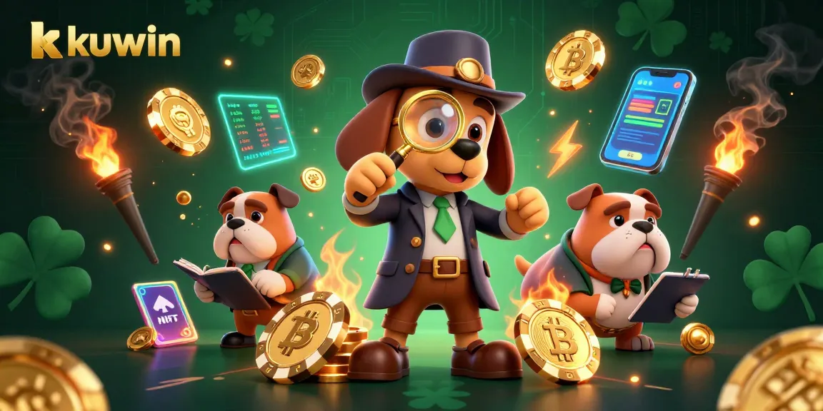 Kuwin detective bloodhound analyzing a poker chip, surrounded by crypto coins and casino elements, creating a vibrant gambling scene.