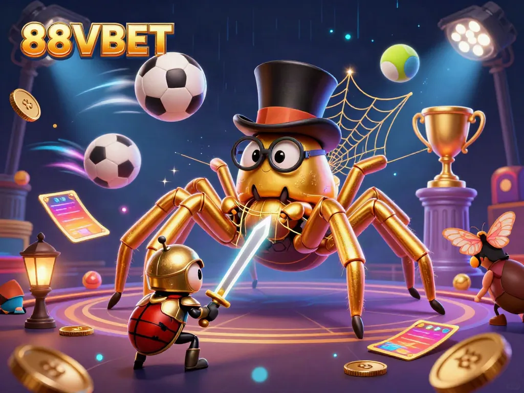 Engage with the vibrant 88VBET casino scene featuring a golden tarantula, a beetle knight, and dynamic game elements.