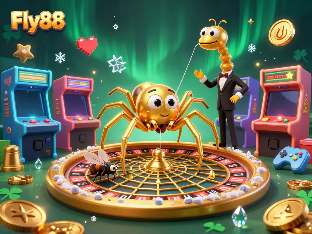 Fly88 features a nervous fly placing bets at a roulette wheel in a vibrant casino scene.