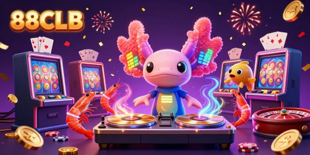 Experience the excitement of 88CLB with vibrant characters celebrating casino games in this illustrated scene.