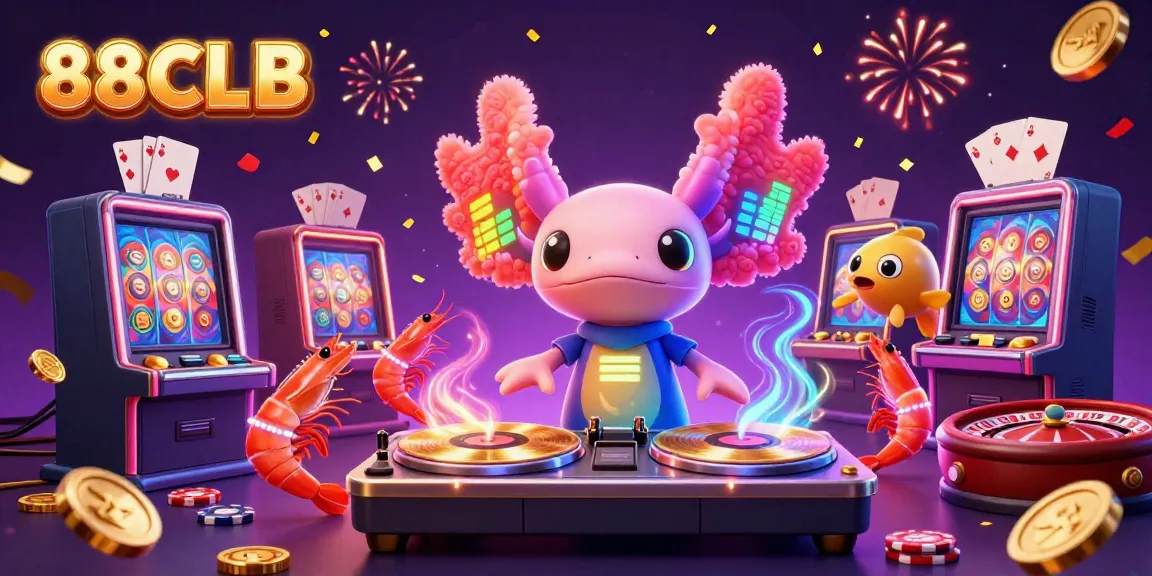 Experience the excitement of 88CLB with vibrant characters celebrating casino games in this illustrated scene.