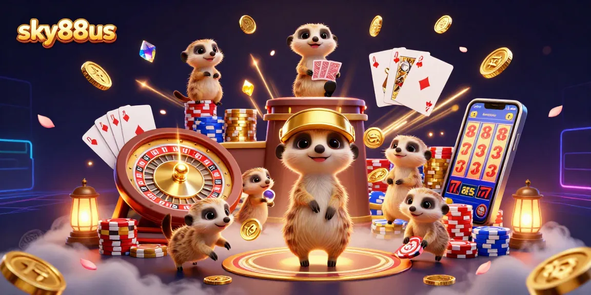 Experience the excitement of sky88us with 3D meerkats managing a vibrant casino environment filled with golden coins and game elements.