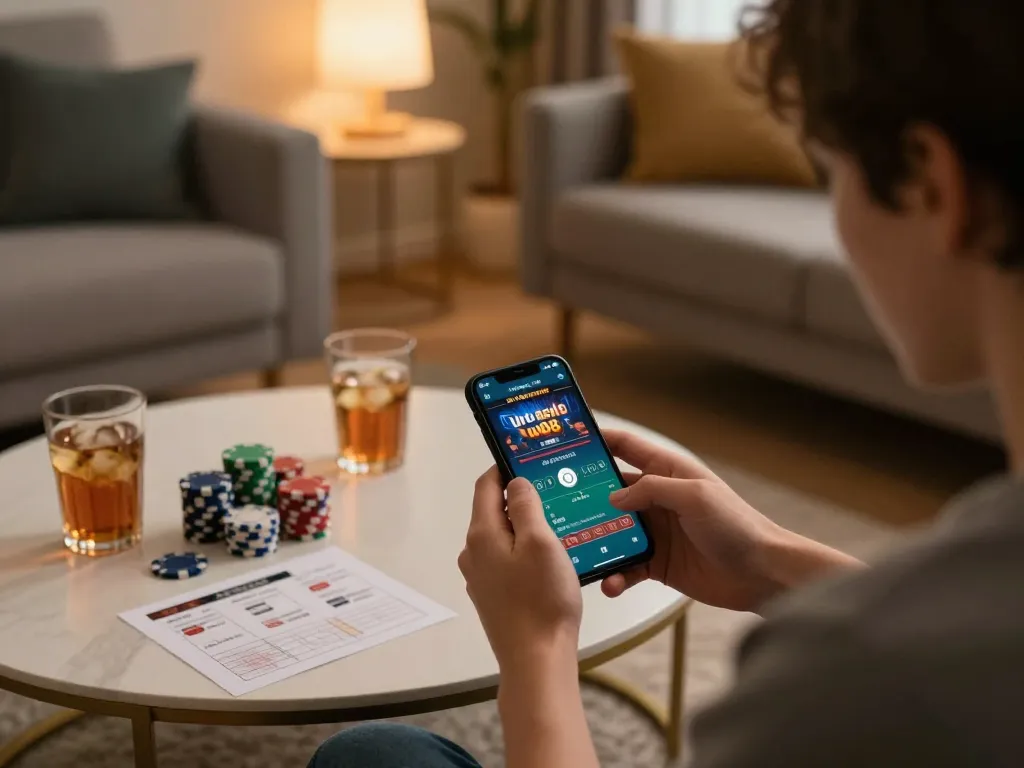 View of a person engaging with the uu88 casino app on a smartphone, showcasing a strategic home gaming atmosphere.