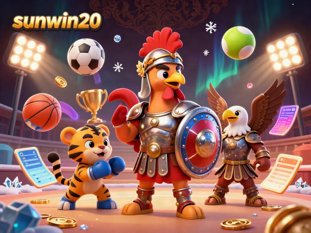 Experience the thrilling atmosphere of sunwin20 with a dynamic 3D illustration featuring a gladiator rooster and a tiger cub in a vibrant casino scene.