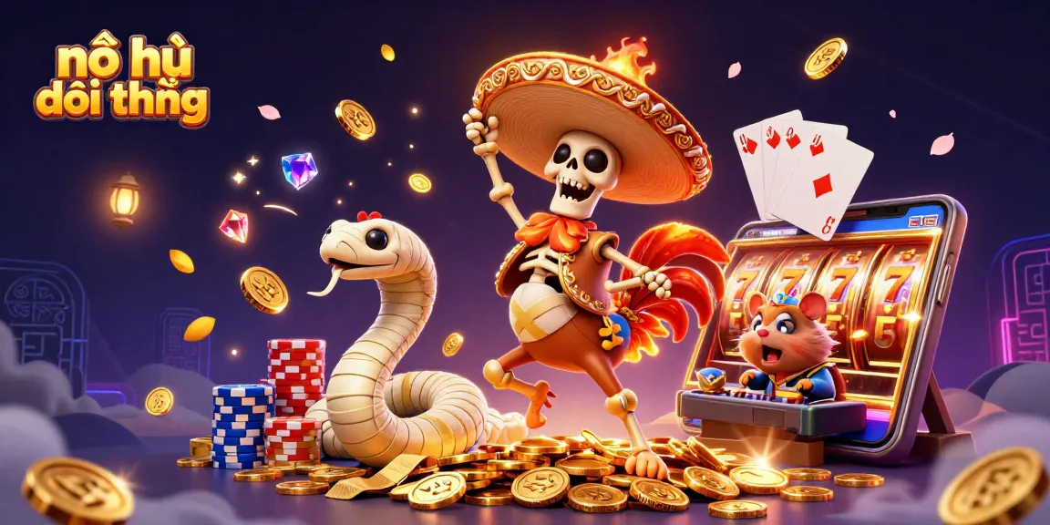 Spin the reels in nổ hũ đổi thưởng with vibrant 3D characters amidst gold coins and gaming elements.