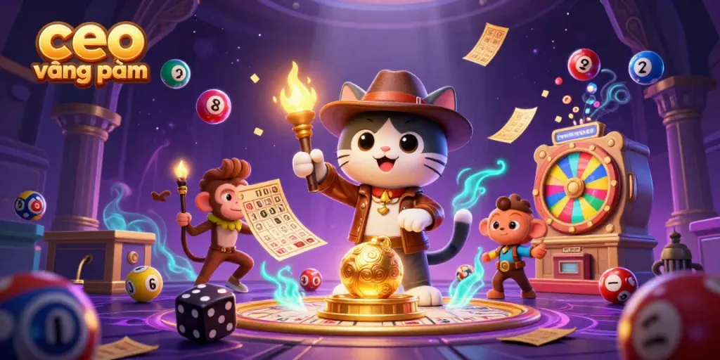Engaging scene of the 3D explorer cat and its monkey companion uncovering a casino artifact while celebrating ceo vương phạm's work