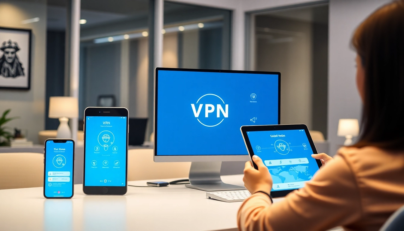 现代办公室中多设备显示的快连下载 VPN 界面，展示全球互联性。