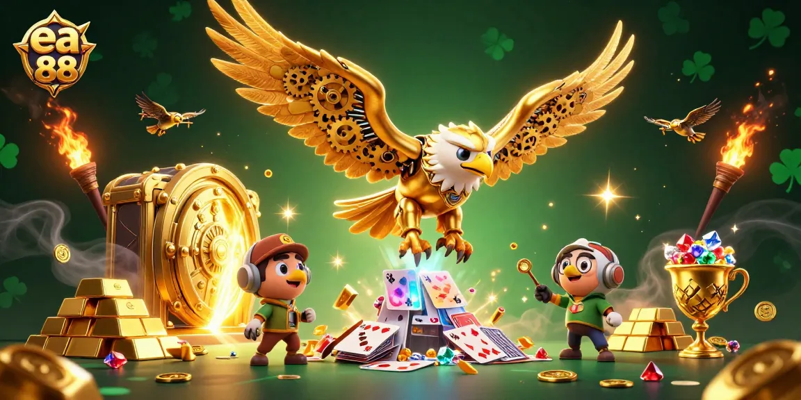 Experience the thrill of ea 88 as a golden eagle soars past holographic cards in a rich casino scene.