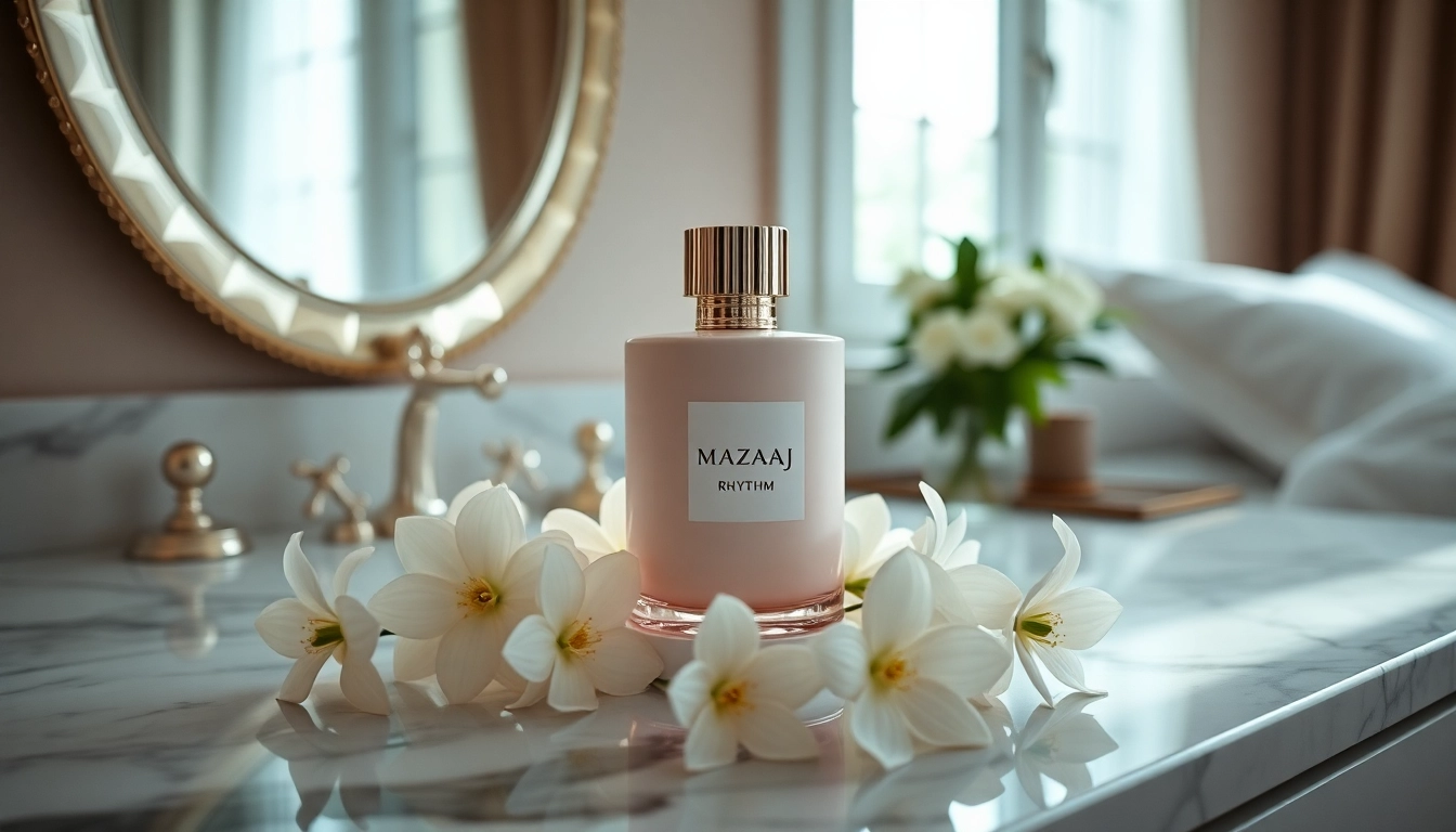 Mazaaj Rhythm by Zimaya bottle surrounded by delicate flowers on a vanity table.