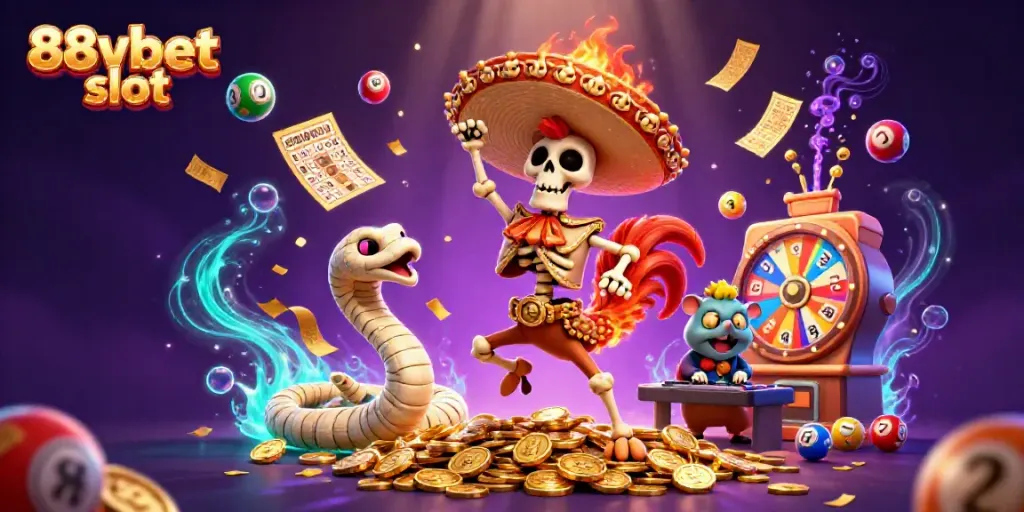 Experience the excitement of 88vbet slot with vibrant casino-themed illustration featuring fun characters and game elements.
