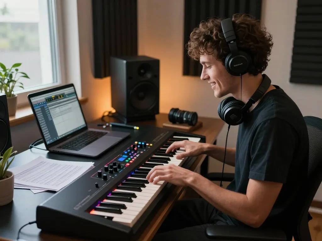Musician playing the VK88 organ in a vibrant home studio, capturing creativity and passion.