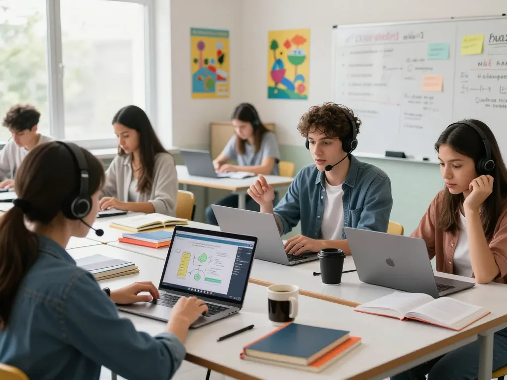 Dynamic online learning at https://da88.education/, showcasing students engaged in virtual classes with laptops and educational tools.