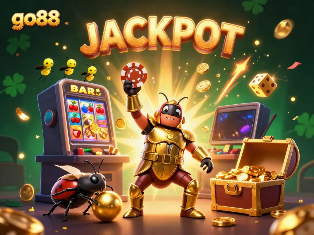 Experience the excitement of go88 with a heroic beetle lifting a poker chip in a vibrant casino-themed celebration.
