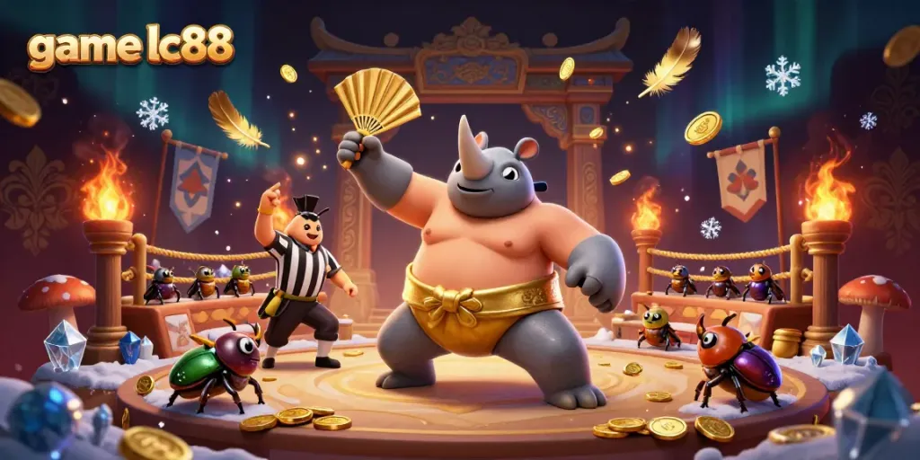 Engaging scene of game lc88 featuring a beetle champion amidst flying coins in a vibrant casino arena.