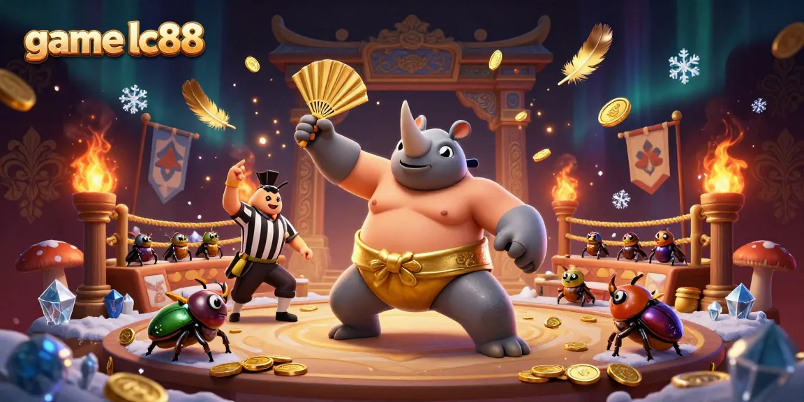 Engaging scene of game lc88 featuring a beetle champion amidst flying coins in a vibrant casino arena.