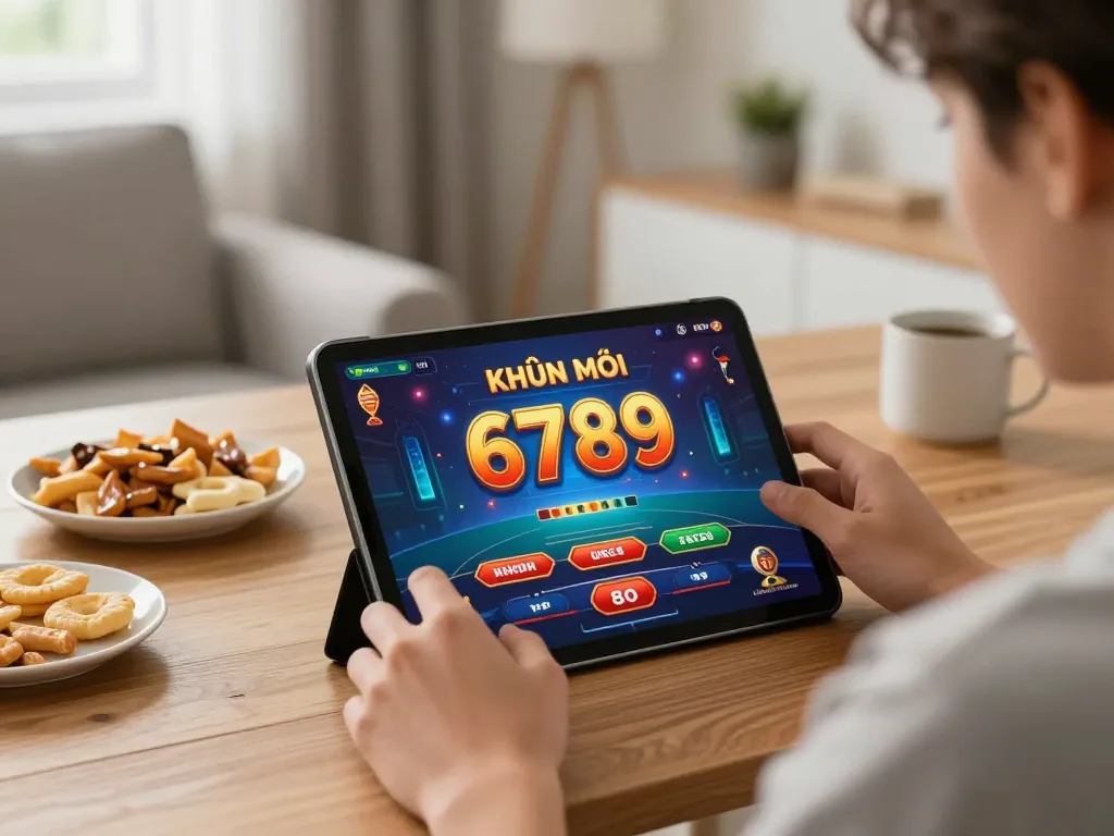 Engaging user enjoying khuyến mãi 6789 on tablet in cozy home setting with vibrant gaming atmosphere