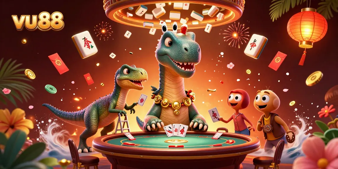 Engage with vu 88’s lively casino atmosphere showcasing a giant brontosaurus and raptor gaming.