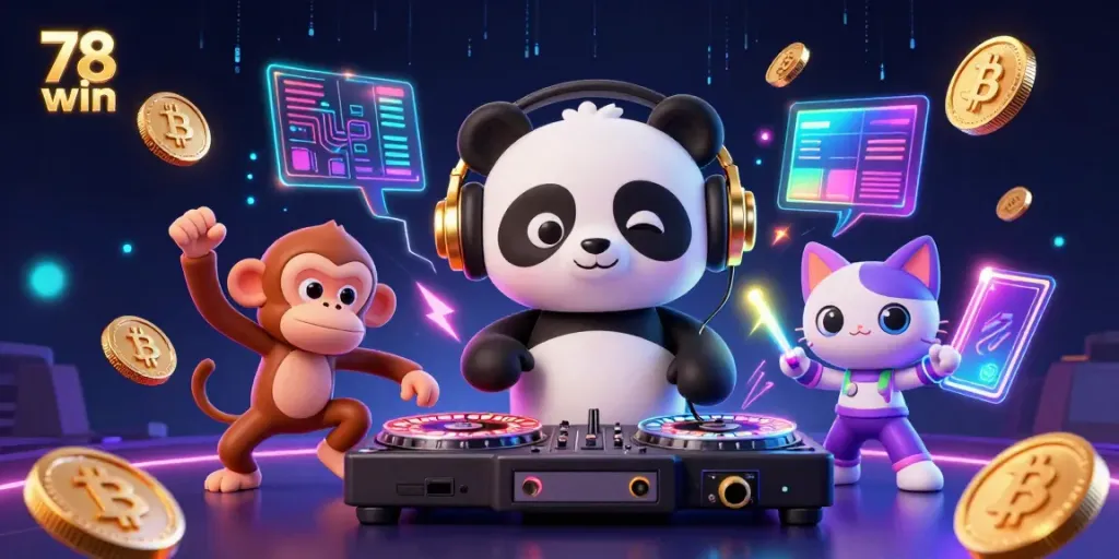 Experience thrilling gaming with 78 win in a lively casino atmosphere featuring a DJ panda and vibrant characters.