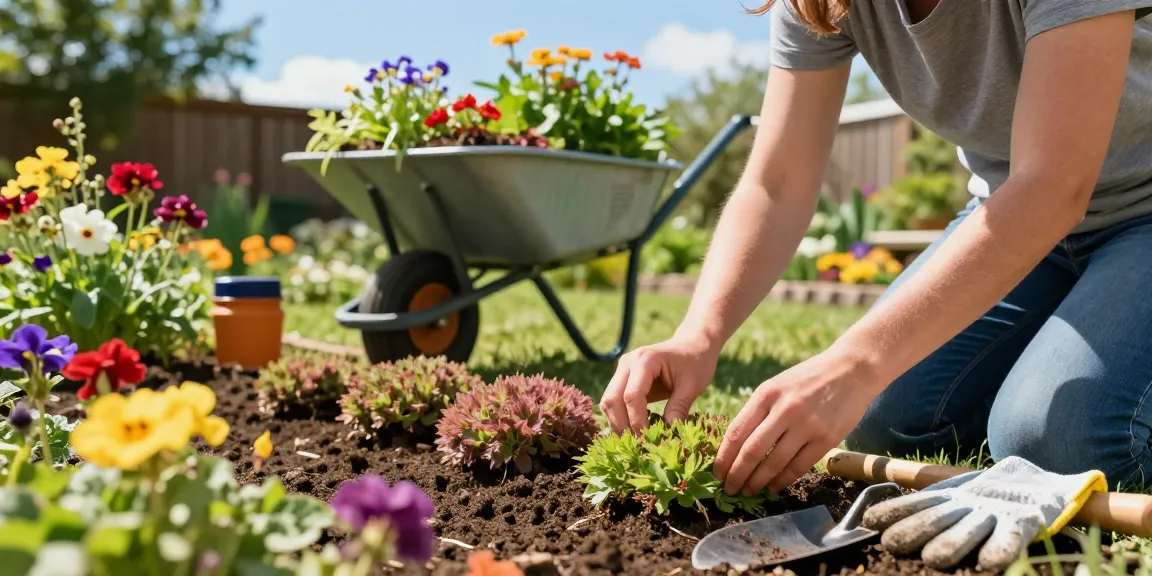 Het installeren van sedummat kopen in een levendige tuin met gereedschap en planten.