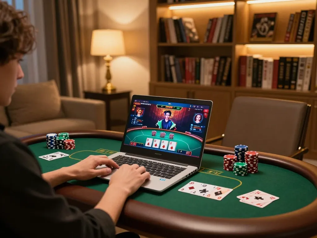 Player engaging in online gambling on jun888 with laptop showing poker interface, creating a cozy atmosphere.