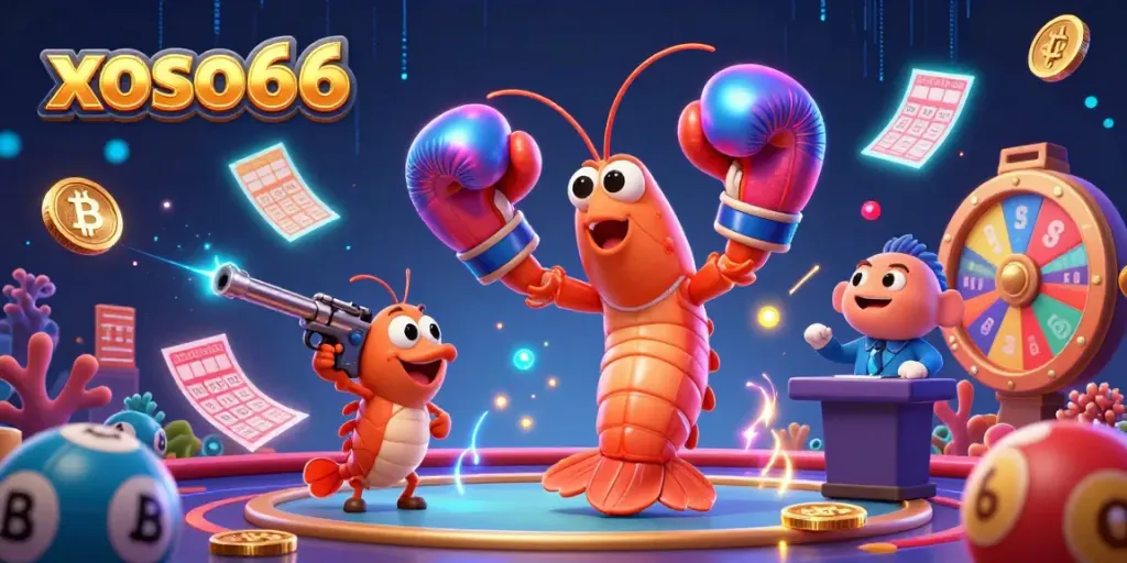 Xoso66 lottery action scene with vibrant characters and neon-themed gambling elements.