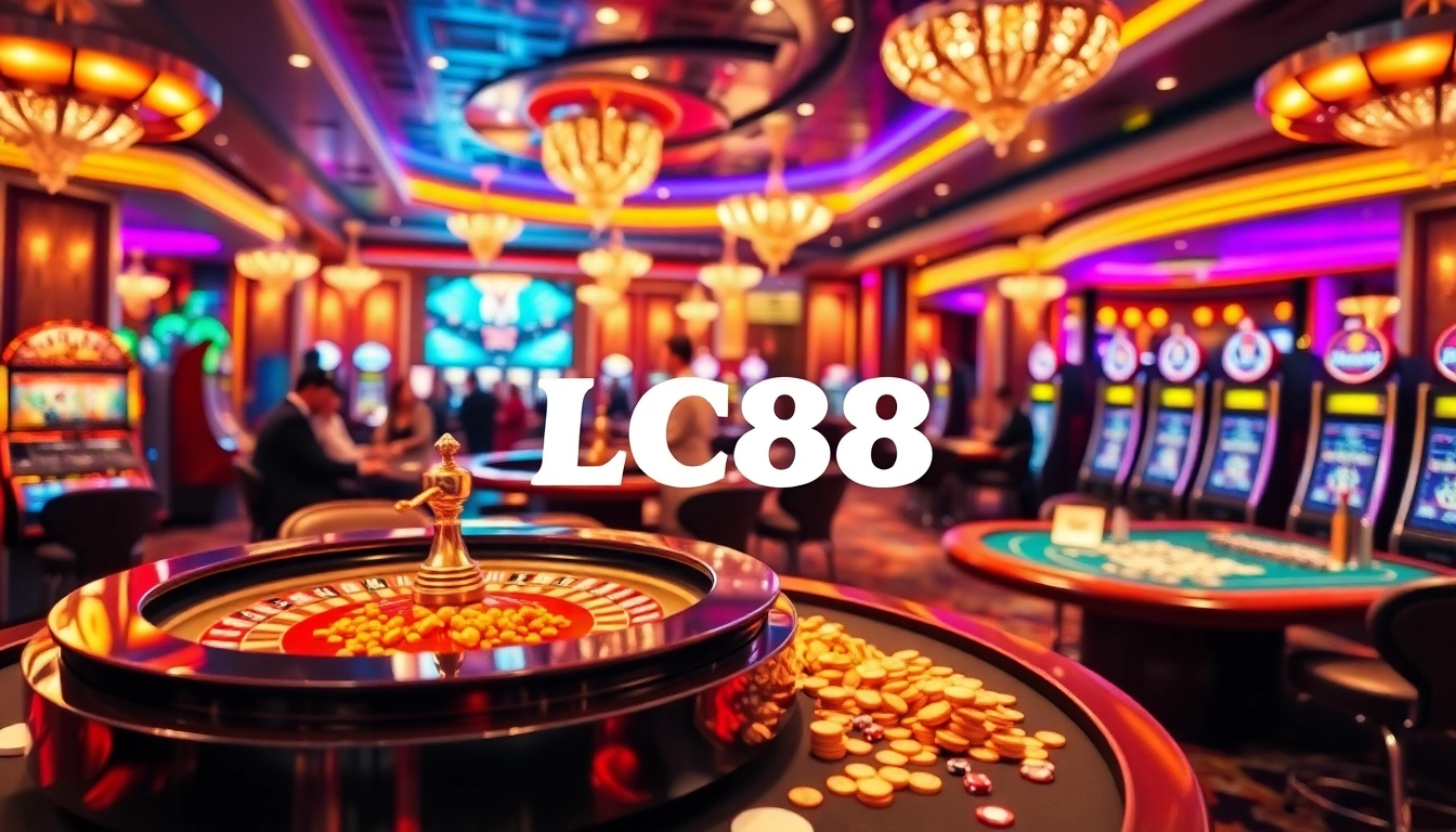 Engage with exciting games at LC88 casino, featuring vibrant roulette and poker tables.