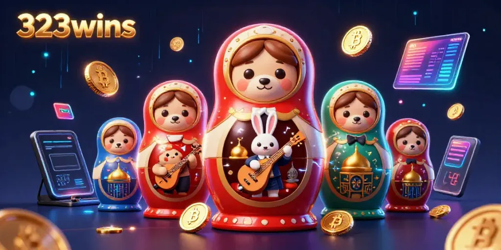 Experience the vibrant world of 323wins through a dazzling 3D casino scene with animated elements and characters.